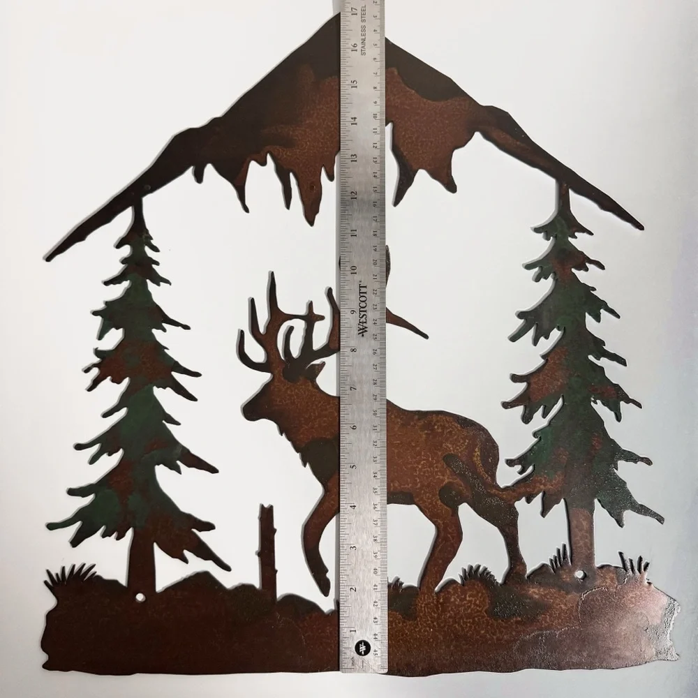 Rustic Elk Metal Wall Art with Trees and Mountains Rust-Finished